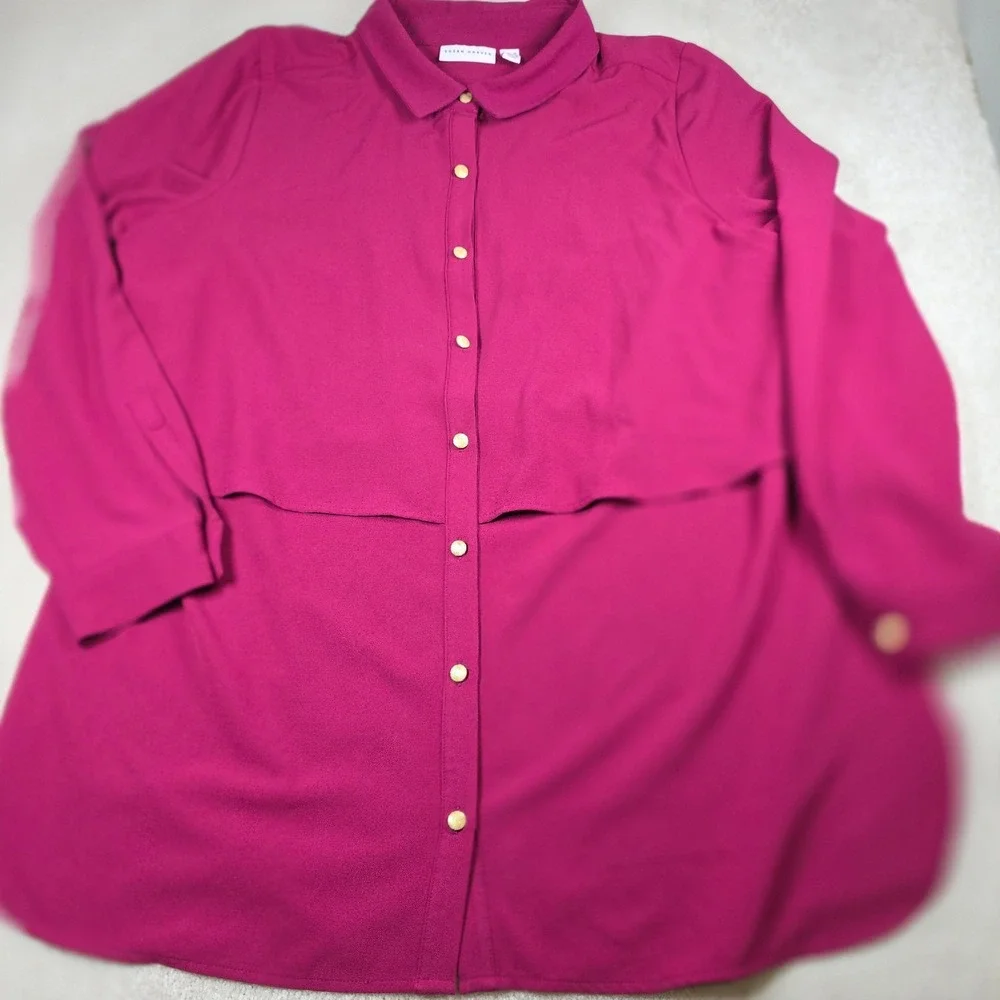 Susan Graver Shirt Womens 14 Magenta Pink Gold Button-Up Attached Capelet - Picture 2 of 7